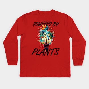 Light up your wardrobe with our 'Powered by Plants' tee! Featuring a vibrant illustration of plants and a powerful message for the vegan community Kids Long Sleeve T-Shirt